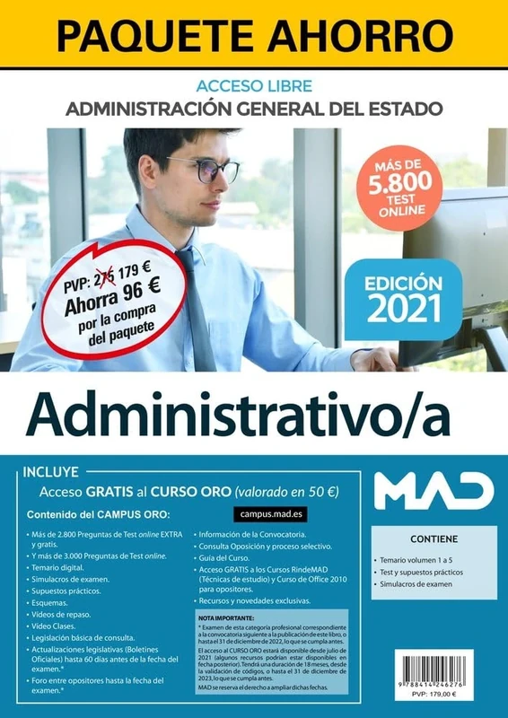 Paquete Ahorro Administrativo del Estado (acceso libre). Ahorra 96 € (incluye Temarios 1, 2, 3, 4 y 5; Test y Supuestos Prácticos; Simulacros de examen; y acceso Curso Oro) - Image 1