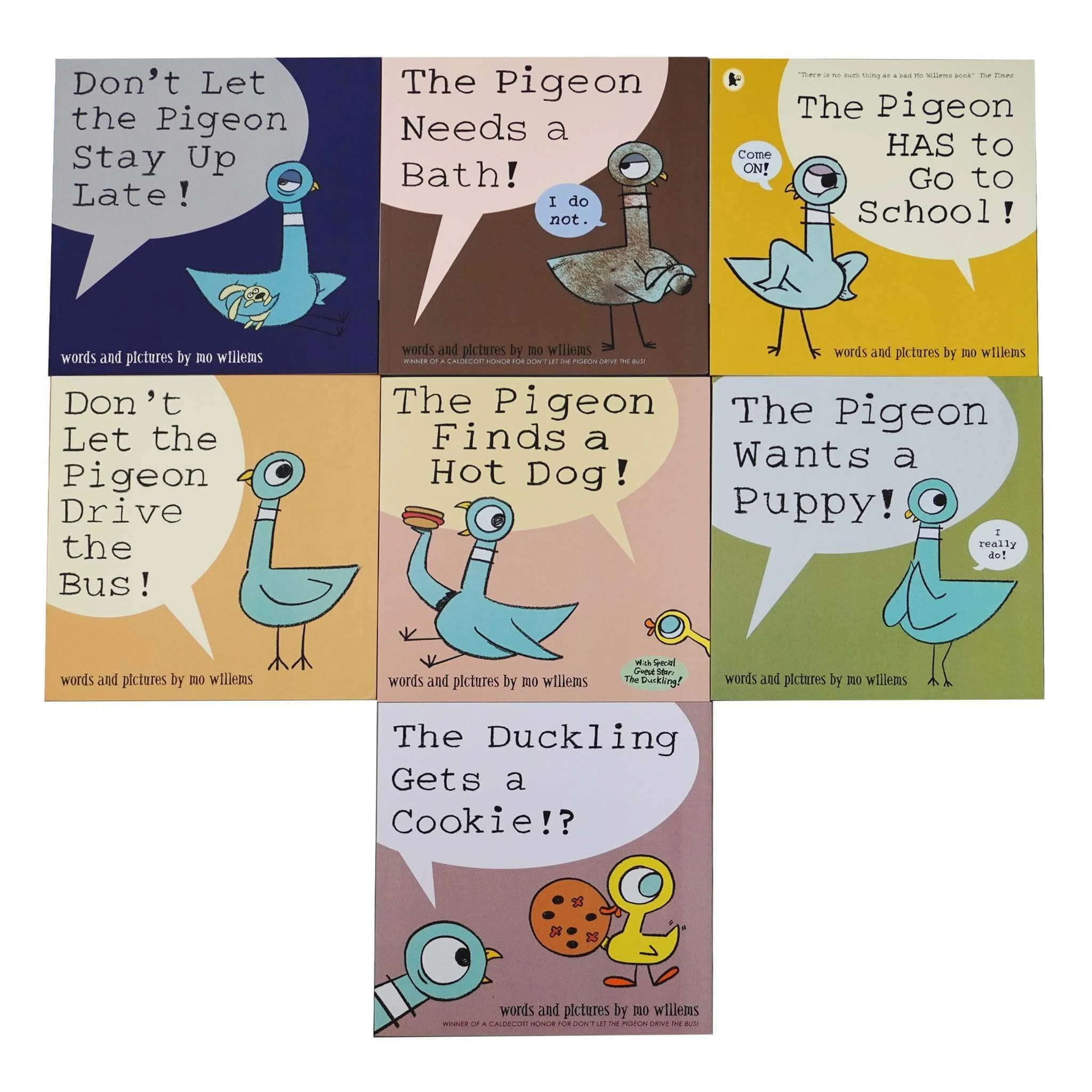 Don't Let the Pigeon Series 6 Books Collection Set by Mo Willems (Pigeon Drive the Bus, Stay Up Late, Ducking Gets a Cookie, Finds a Hot Dog, Needs a Bath & Wants a Puppy)