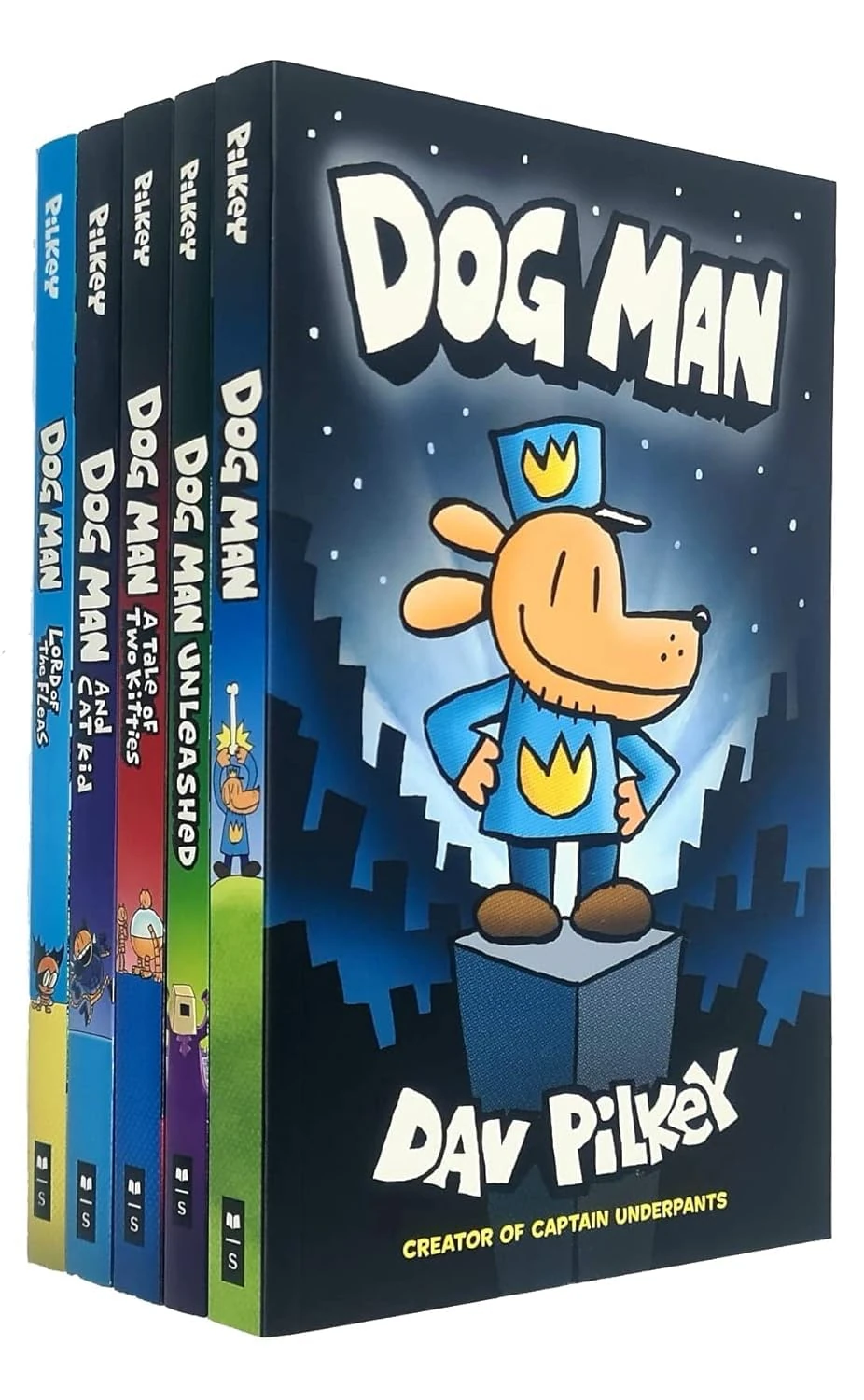 Dav Pilkey the adventures of dog man collection 5 books set (Dog Man,Dog Man A Tale of Two Kitties,Dog Man Unleashed,Dog Man Lord of the Fleas,Dog Man and Cat Kid)