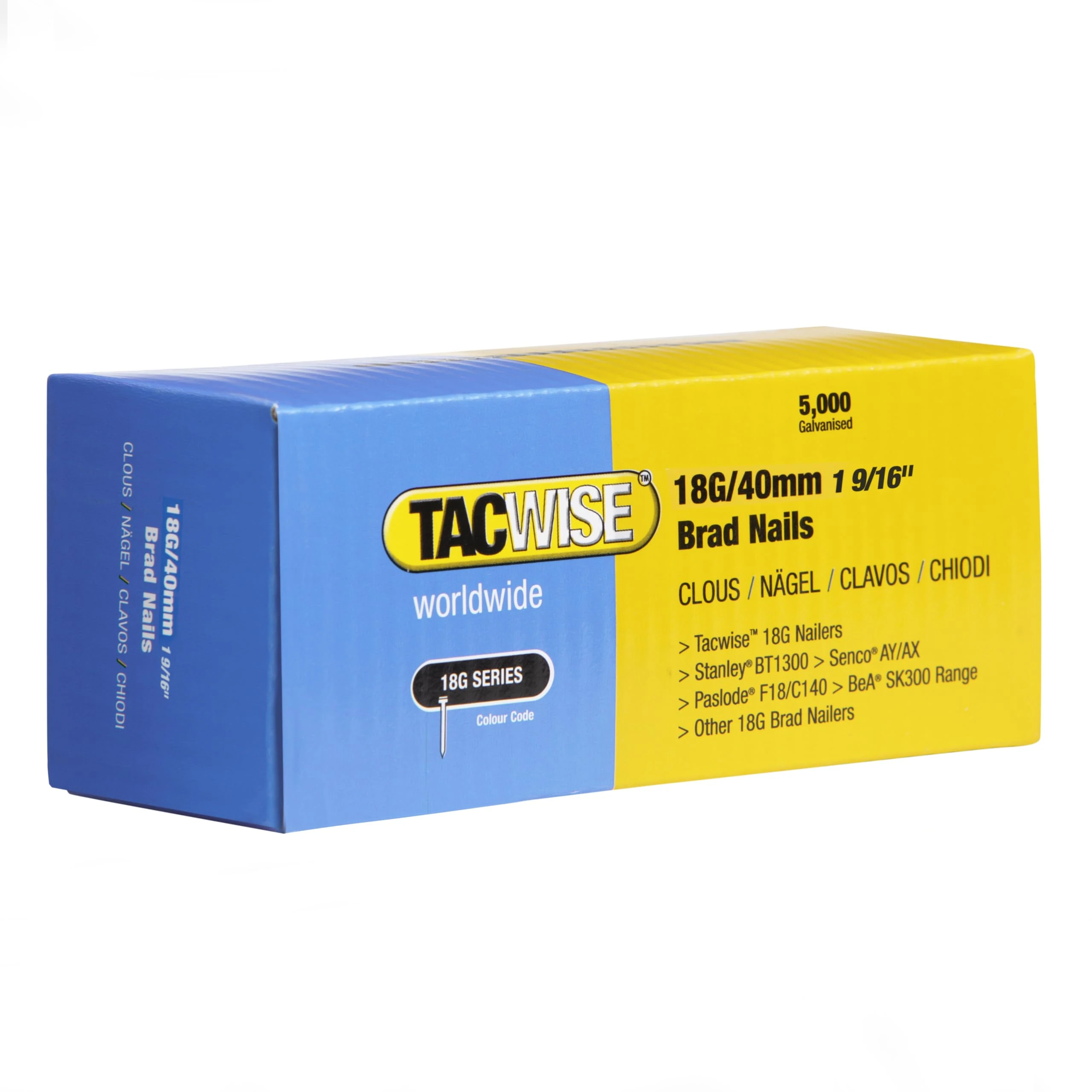 Tacwise 0400 Type 18G / 40 mm Galvanised Brad Nails, Pack of 5000
