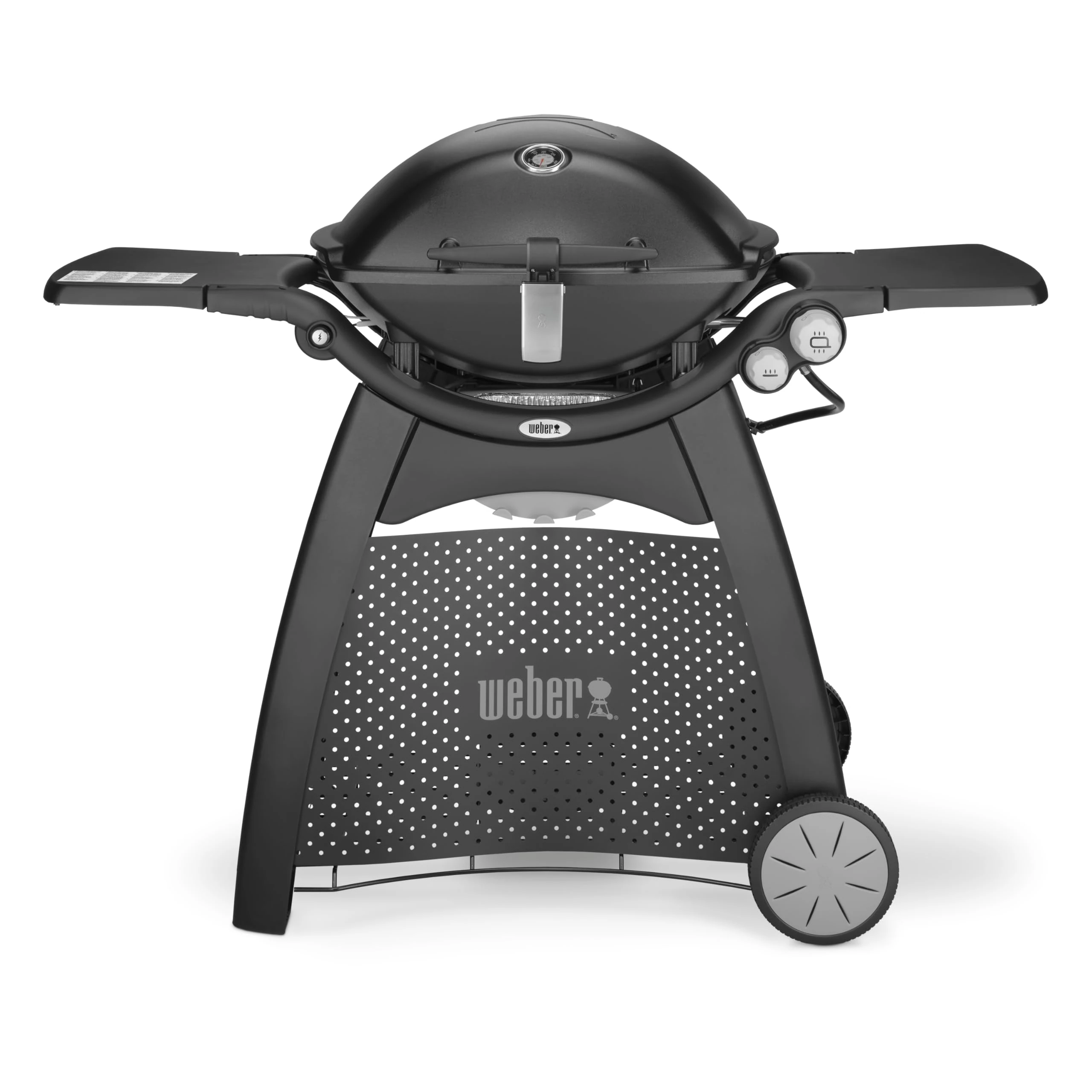 Weber Q 3200 Gas Barbecue with Cart / 2 Burners, Electronic Ignition, Porcelain-Enamelled Cast Iron Grate, 63 x 45 cm Cooking Surface, Warming Rack, Lid Thermometer, Handle Light and Wheels, Black
