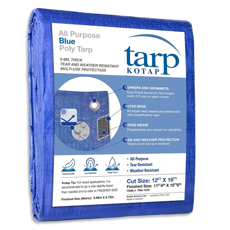 Kotap TRA1216 All Purpose Poly Tarp, Mold, Mildew, Tear and UV Resistant, Blue, 12 x 16-Foot