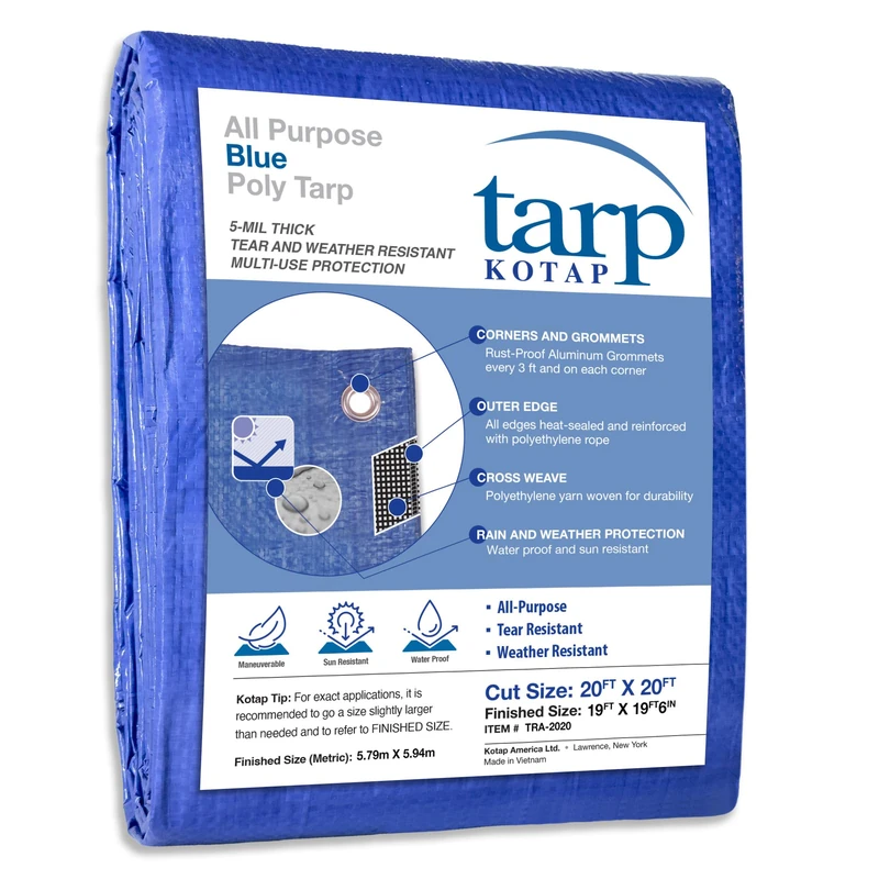 Kotap TRA-2020 Waterproof All- Purpose Multi-Use 5-mil Poly Tarp, Blue, Cut Size: 20 x 20'/Finished Size: 19' X 19' 6"