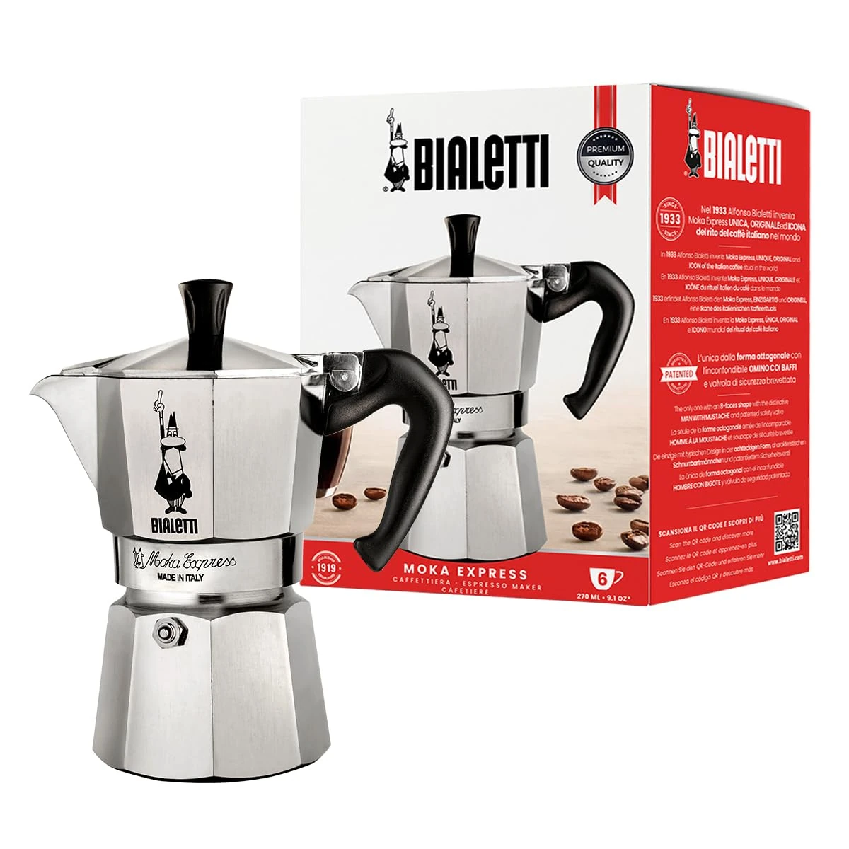 Bialetti Moka Express Caffettiera in Alluminio, 6 Cups, Acciaio Inossidabile, Argento,270 milliliters, Silver