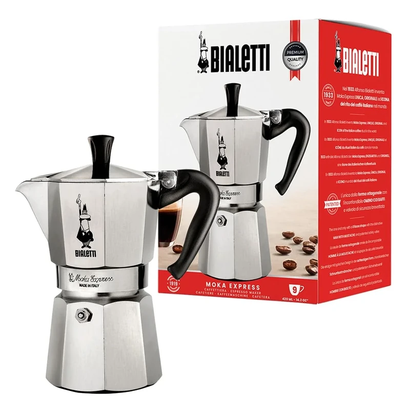 Bialetti Moka Express Aluminium Stovetop Coffee Maker (9 Cup), 420ml, Silver.
