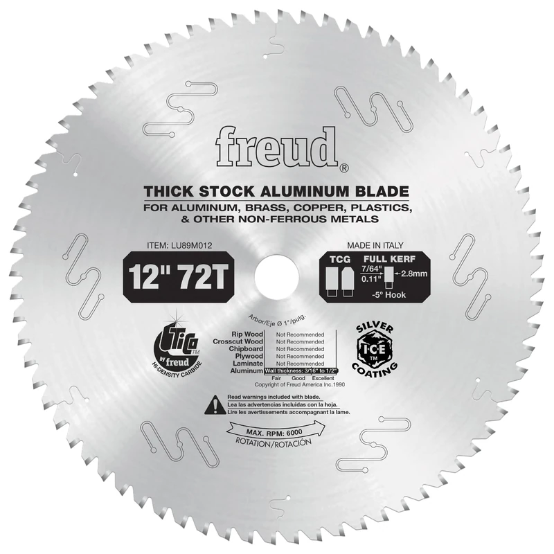 Freud Thick Stock Aluminum Metal Saw Blade with Tico Hi-Density Carbide Non-Ferrous Blend for Maximum Performance - 12" Diameter, 72 Teeth, TCG Grind - LU89M012