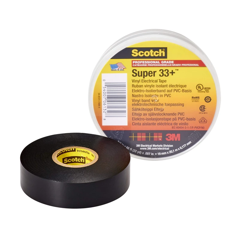 3M 80611207012 33+ Scotch Super Electrical Tape, Vinyl, 19 mm x 20 m, Black