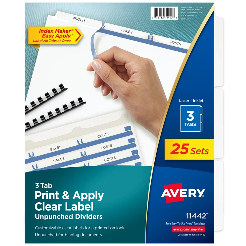 Avery 3-Tab Unpunched Binder Dividers, Easy Print & Apply Clear Label Strip, Index Maker, White Tabs, 25 Sets (11442)