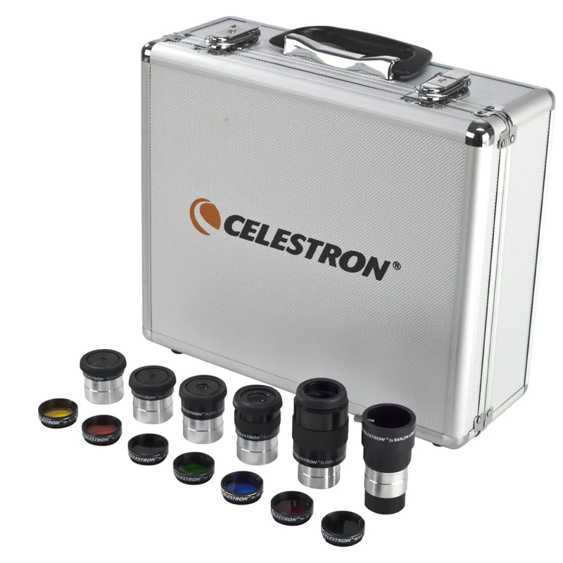 Celestron 94303 1.25 inch Eyepiece & Filter Kit - Includes 14 pieces in Metal Foam-Lined Carry Case, Silver