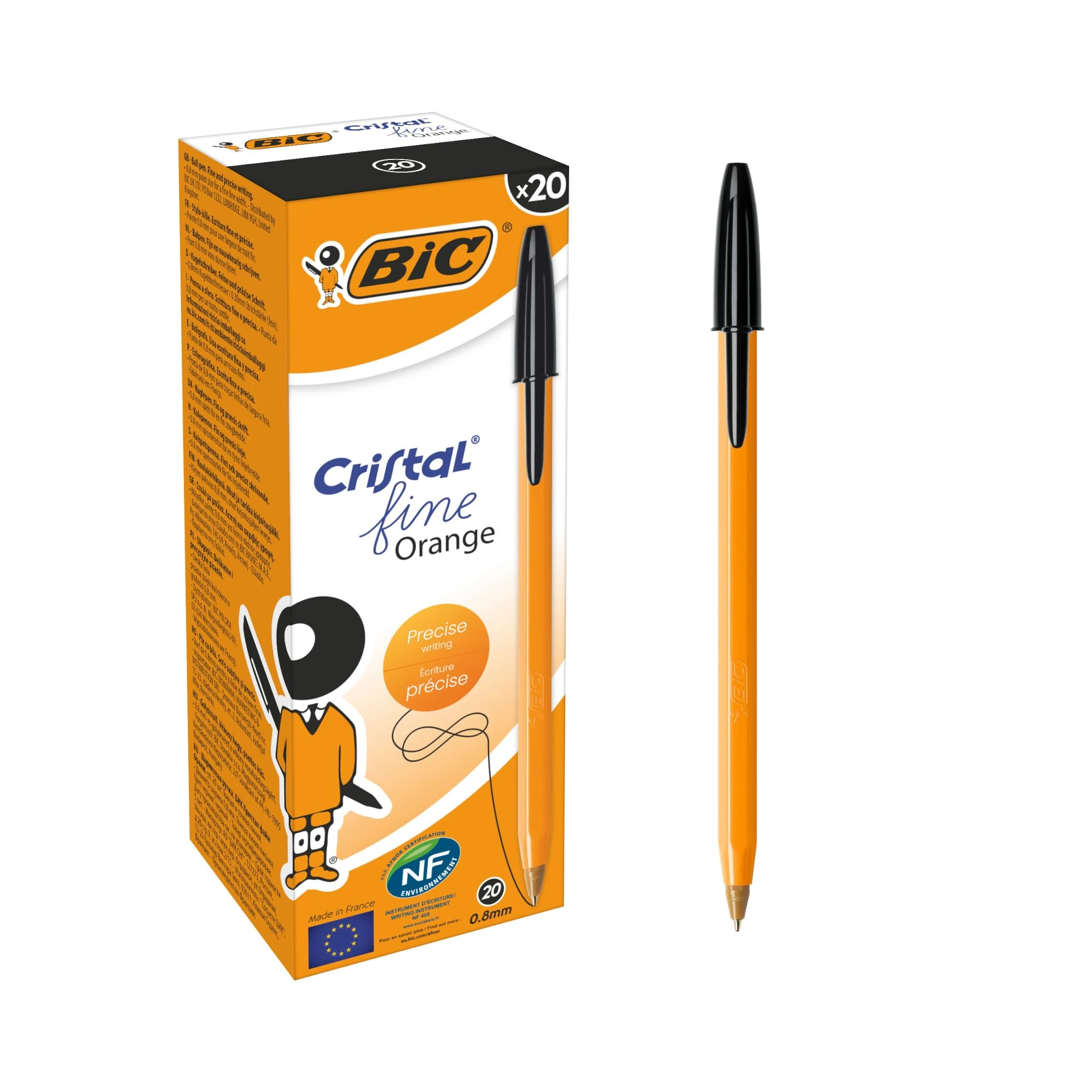 BIC Orange Fine, Ballpoint Pens, Writing Pens with Long-Lasting Ink, Fine Point (0.8 mm), Black Ink, Box of 20