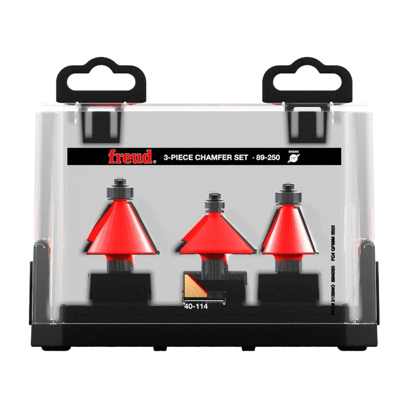 Freud 3 Piece Chamfer Bit Set - Ideal for Hardwood, Softwood & Composites - 1/2" Shank, 22.5° 30° 45° Chamfers - 89-250