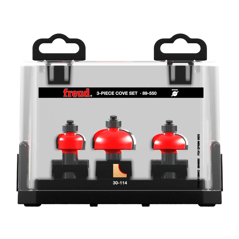Freud 3 Piece Cove Bit Set - Ideal for Furniture, Shelving, Columns, Decorative Moldings and Woodworking - 1/2" Shank, 1/4", 3/8", 1/2" Radius - 89-550