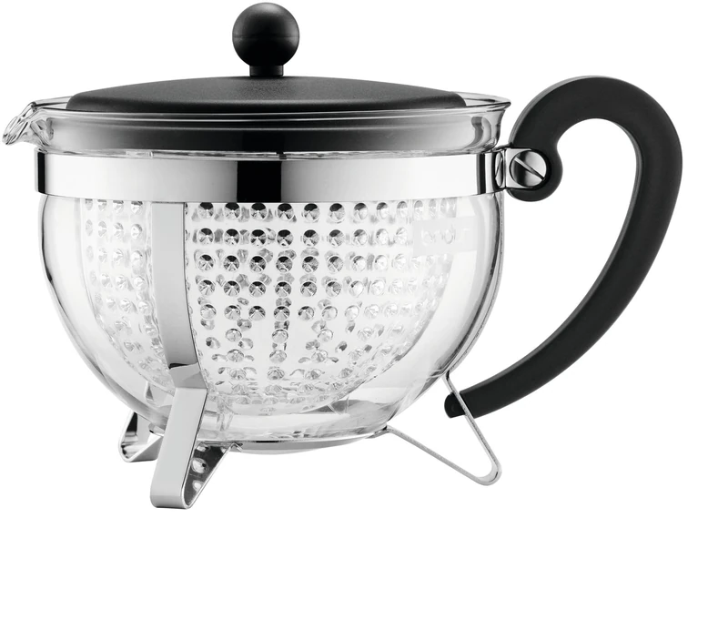 BODUM 1.3 Litre Borosilicate Glass Chambord Teapot with Coloured Handle/Transparent Filter and Lid, Black