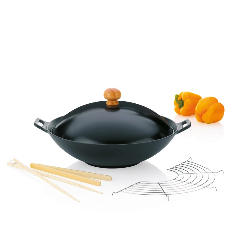 kela cast Iron Wok pan with lid 36 cm Asia, Wok Set with Steamer Grid, Chopsticks, Wooden Tongs, 4.5 Litre Induction Wok pan