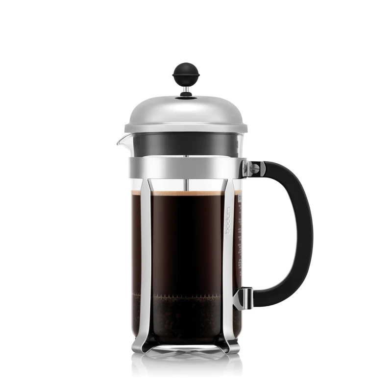 Bodum French Press Chambord - 1L / 8 Cup Silver Coffee Maker - Heat-Resistant & Stainless Steel Filter - BPA-Free Dishwasher Safe Cafetiere - Made in Portugal