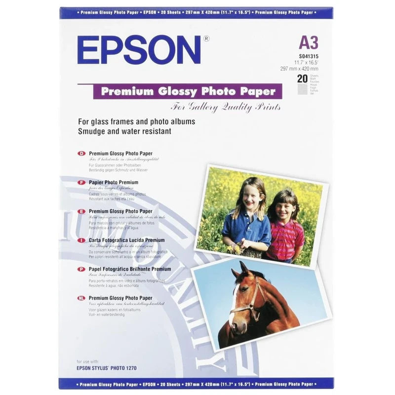 Epson 2357125 Premium Glossy Photo Paper, A3, 297 x 420mm, 255 g/m2, 20 Sheets, White