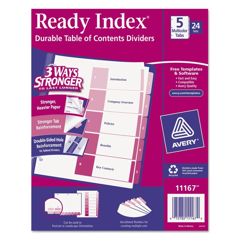 Avery 5-Tab Dividers for 3 Ring Binders, Customizable Table of Contents, Multicolor Tabs, 24 Sets (11167)