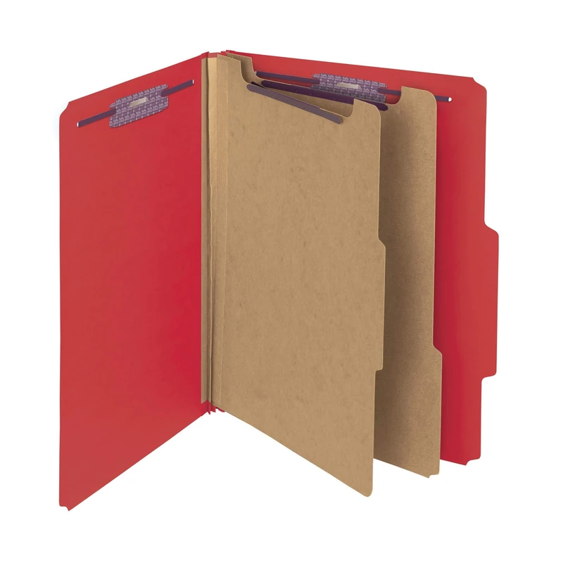 Smead Pressboard Classification File Folder with SafeSHIELD Fasteners, 2 Dividers, 2" Expansion, Letter Size, Bright Red, 10 per Box (14031)