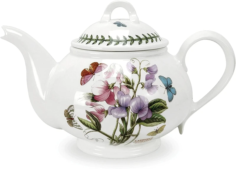Portmeirion x Botanic Garden Teapot - Elegant 2 Pint Floral White Tea Pot, Romantic Shape for Afternoon Tea, Office, Outdoor Use or Everyday Entertaining