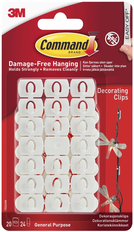 Command 17026 Decoration Clips for Christmas and Fairy Light - White, 20 Clips and 24 Strips