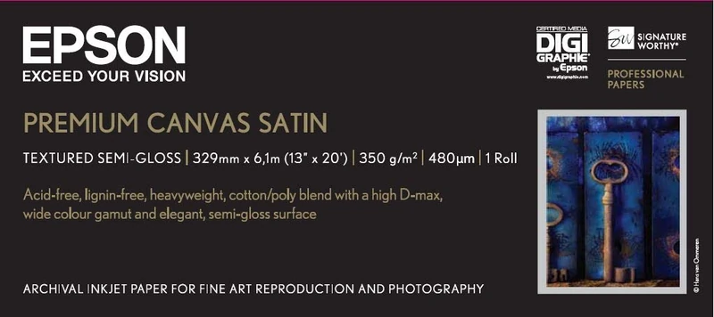 Epson Media, Media, Roll, Premium Canvas Satin Roll, Graphic Arts - Fine Art Paper, 13" x 6.1m, 350 g/m2