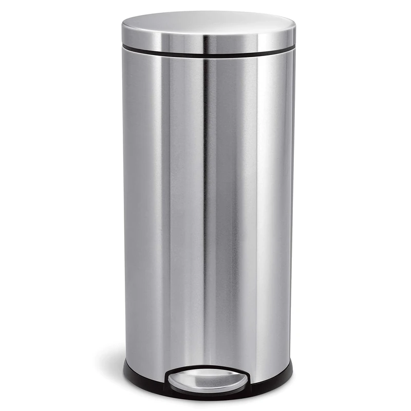 simplehuman CW1810 30L Round Kitchen Pedal Bin, Strong Steel Pedal, Silent Soft Close Lid, Inner Bucket, Stay-Open Lid, Non-skid Base, Slim Profile Hinge, Fingerprint-Proof, Brushed Stainless Steel