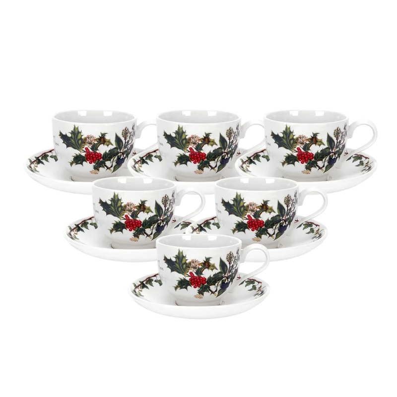 Portmeirion Home & Gifts The Holly & Ivy Tea Cup and Saucer, Ceramic, Multi-Colour, Set of 6