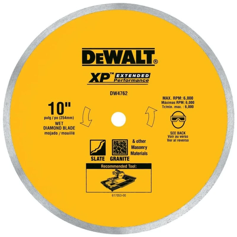DEWALT Diamond Blade for Porcelain or Tile, Wet Cutting, Continuous Rim, 5/8-Inch Arbor, 10-Inch (DW4762)