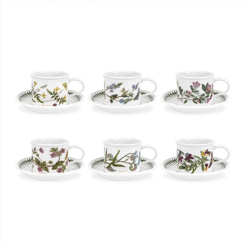 Portmeirion x Botanic Garden Set of 6 Teacups & Saucers - Multi-Colour Drum Shape Tea Cup with Elegant Floral Design, Ideal for Everyday Dining or Picnics, Made in England