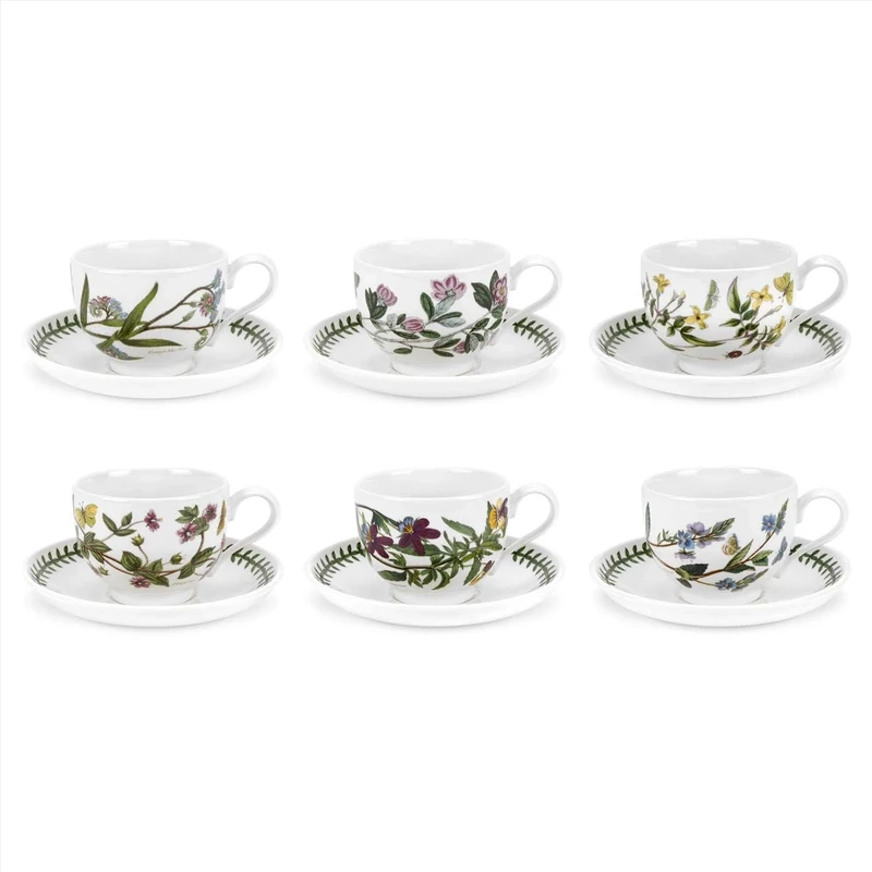 Portmeirion x Botanic Garden Set of 6 Tea Cups - Assorted Multi-Colour Earthenware with Elegant Floral Design, Made in England for Everyday Dining, Entertaining, or Picnics