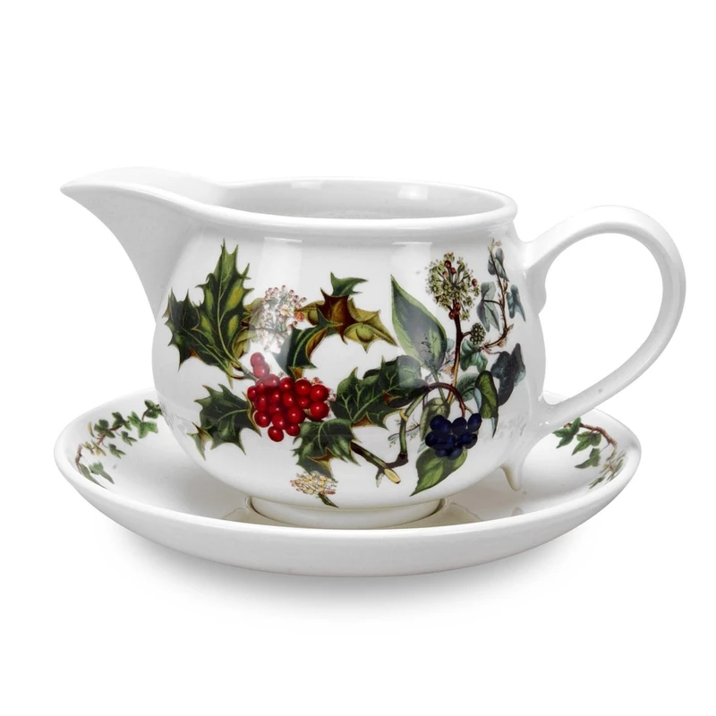 Portmeirion x The Holly & Ivy Gravy Boat and Stand - White Ceramic Gravy Jug, Dishwasher, Microwave & Dishwasher Safe, Suitable for Everyday Dining or as a Gift - Image 1