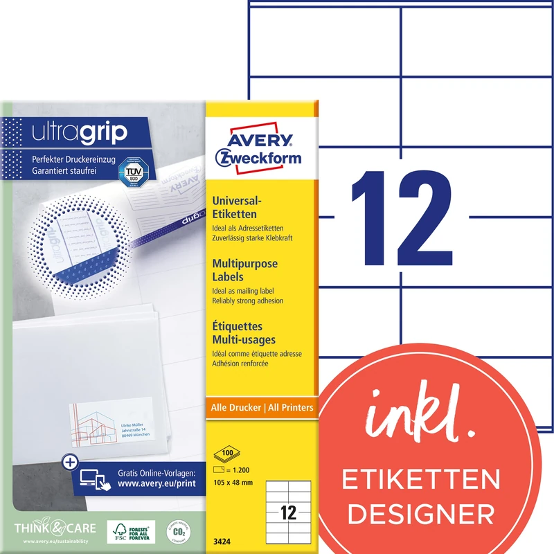Avery Zweckform 3424 Universal Labels 105 x 48 mm 100 Sheets White