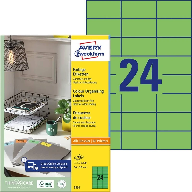 Avery Zweckform Universal Labels 70 x 37 mm for All A4 Printing Green
