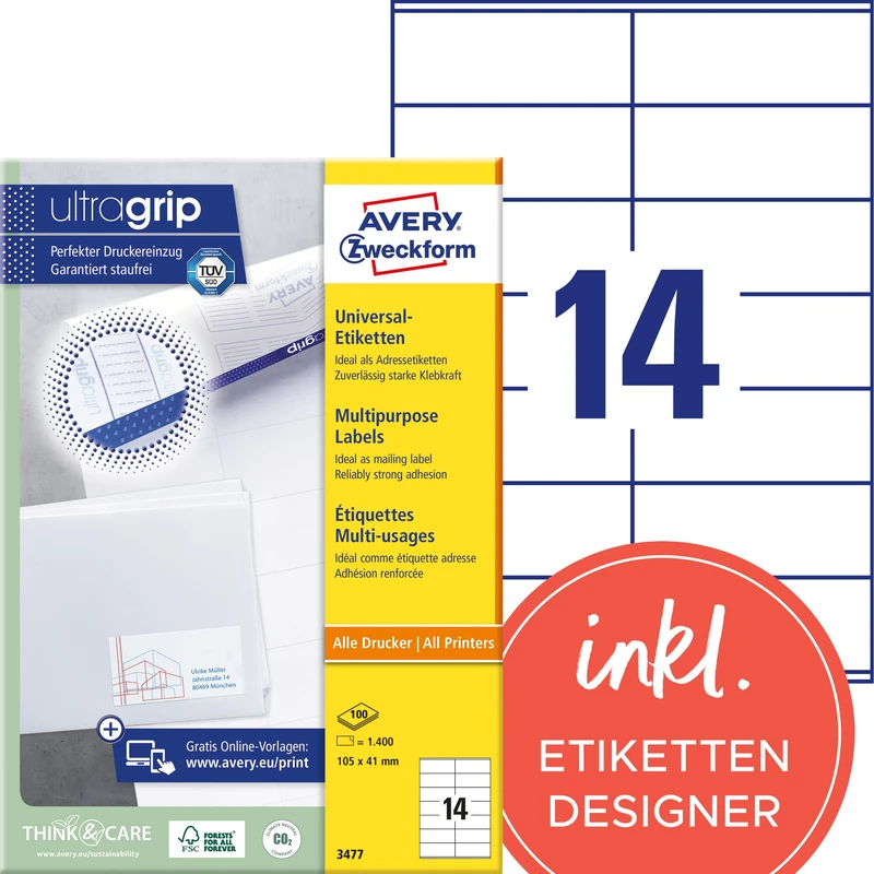 Avery Zweckform 3477 Multi-Purpose Labels 100 Sheets 1,400 Labels 105 x 41 mm White