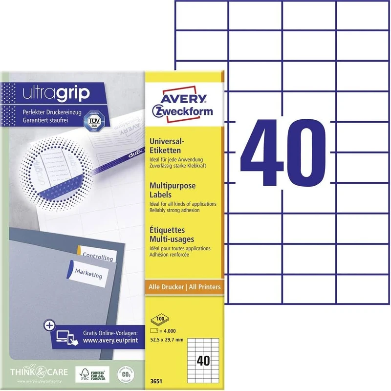 Avery Zweckform 3651 Universal Labels 52.5 x 29.7 mm 100 Sheets White