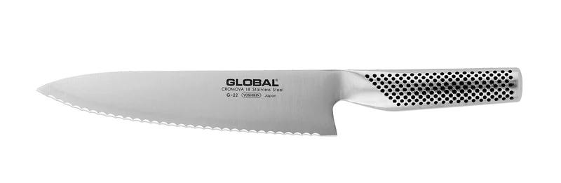 Global G-22 Scalloped Bread Knife 20cm Blade, Japanese Serrated Knife for Slicing Bread, Premium All Stainless Steel Design