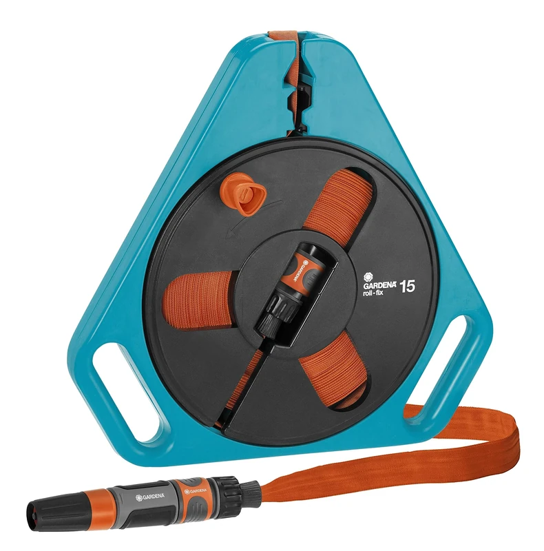 Gardena Classic roll-fix Flat Hose 15 m in a Cassette: Space-saving hose cassette with a water hose (Ø 12 mm in a cassette), automatic safety device, including spray nozzle, with accessories (756-20)