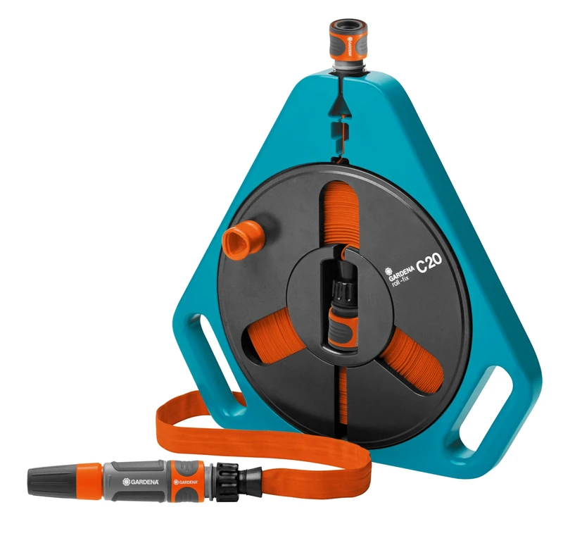 Gardena Classic roll-fix Flat Hose 20 m in a Cassette: Space-saving hose cassette with a water hose (Ø 12 mm in a cassette), automatic safety device, including spray nozzle, with accessories (757-20)