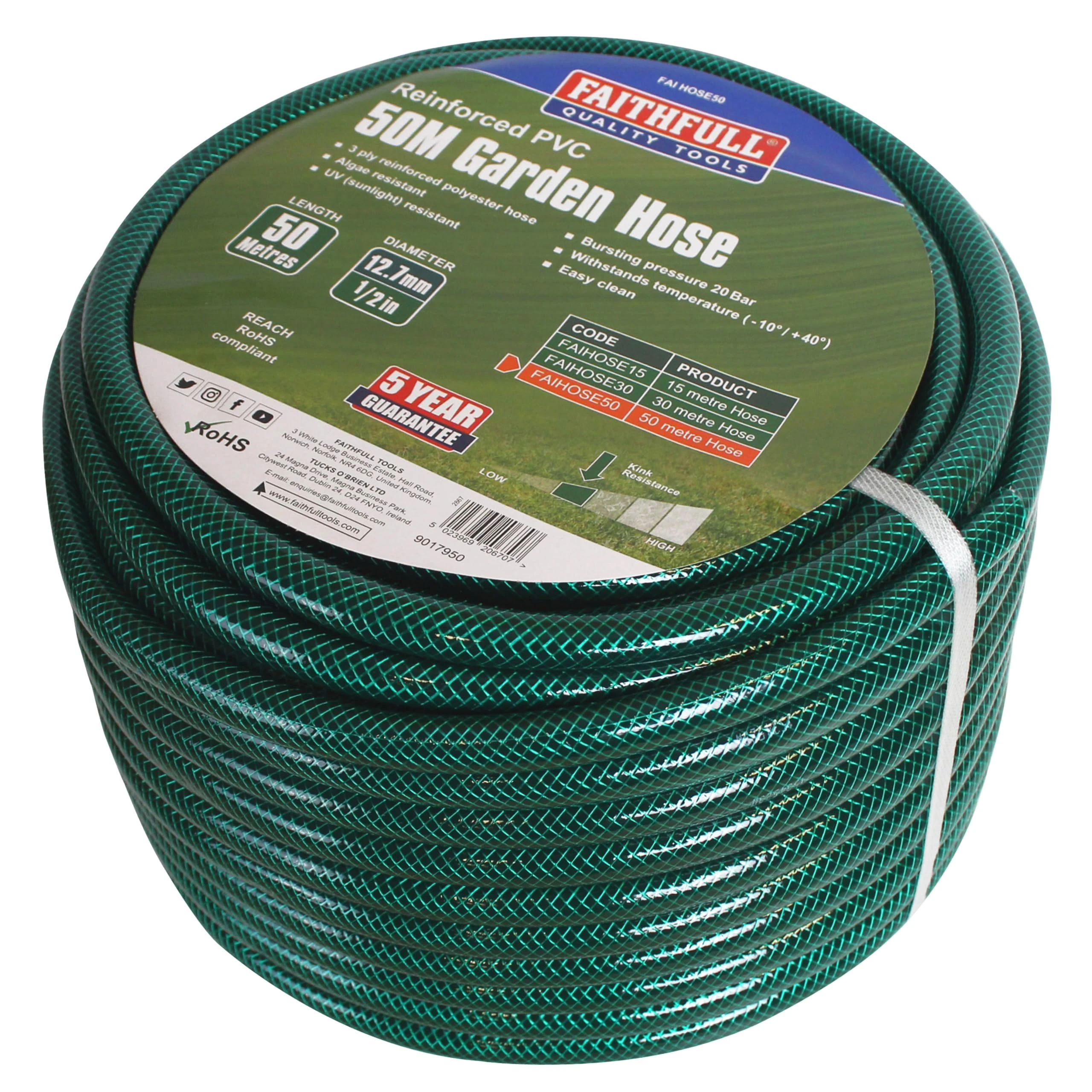 Faithfull 50M (164ft) Reinforced Hose 12.7 mm (1/2 Inch) Diameter – PVC Garden Hose Pipe