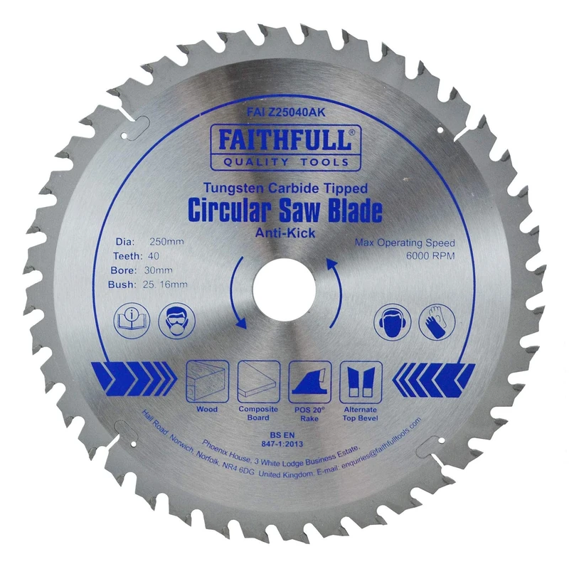 Faithfull FAIZ25040AK TCT Circular Saw Blade 250mm x 30mm Bore x 40 Teeth Anti Kick