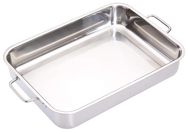 MasterClass Deep Stainless Steel Roasting Tin with Folding Handles and Hob Compatible Design, 37 x 27 x 6.5cm, Silver