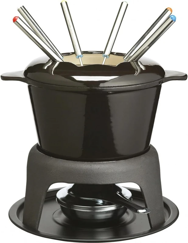 MasterClass Cast Iron Fondue Set, 21 x 18 cm – Black Fondue Pot for Cheese, Chocolate & Meat – Enamel Coated with Burner & 6 Forks
