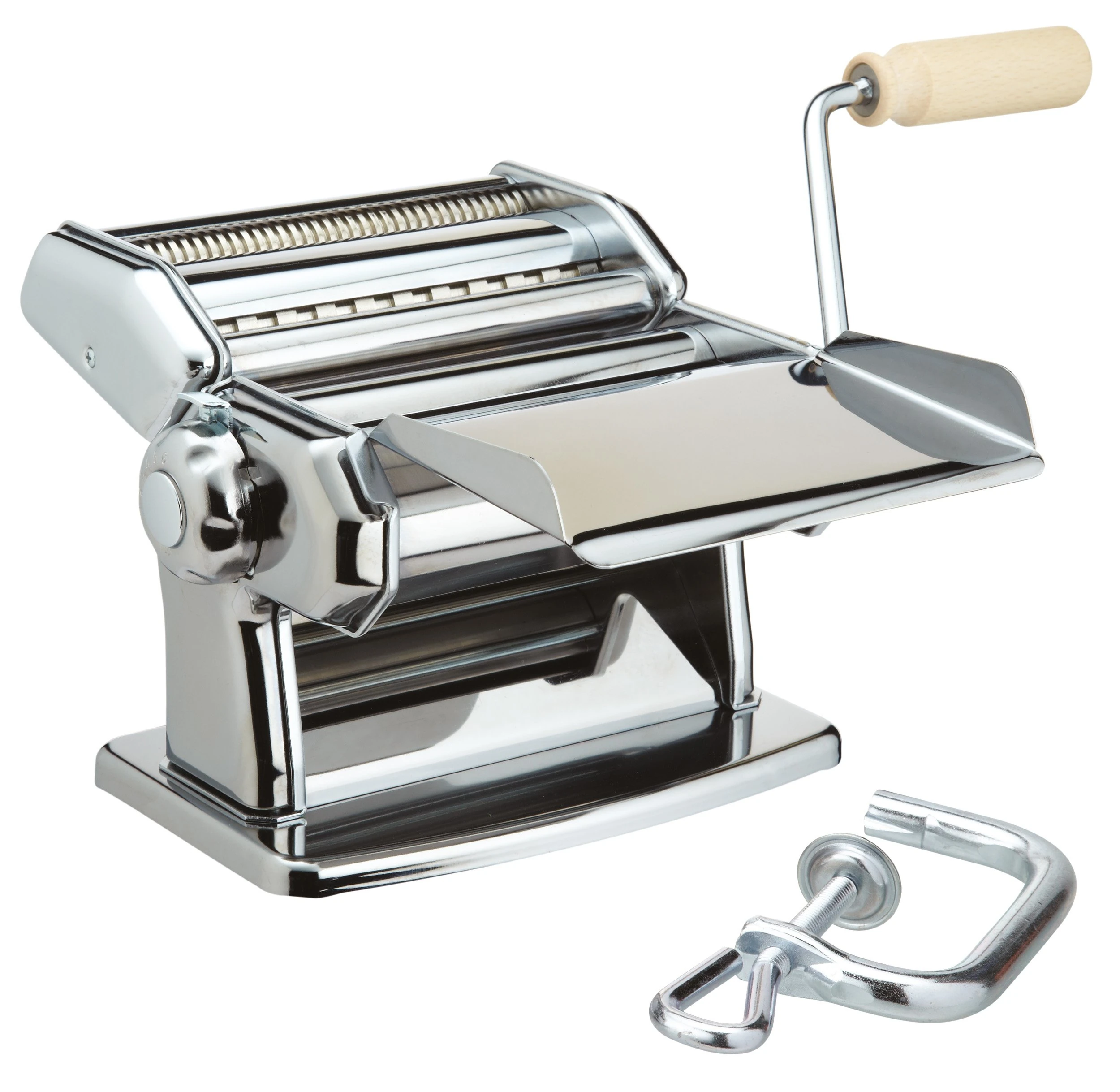 Imperia Italian Double Cutter Pasta Machine, Homemade Pasta Maker with Detachable Wooden Handle, Adjustable Dial with Six Thickness Settings