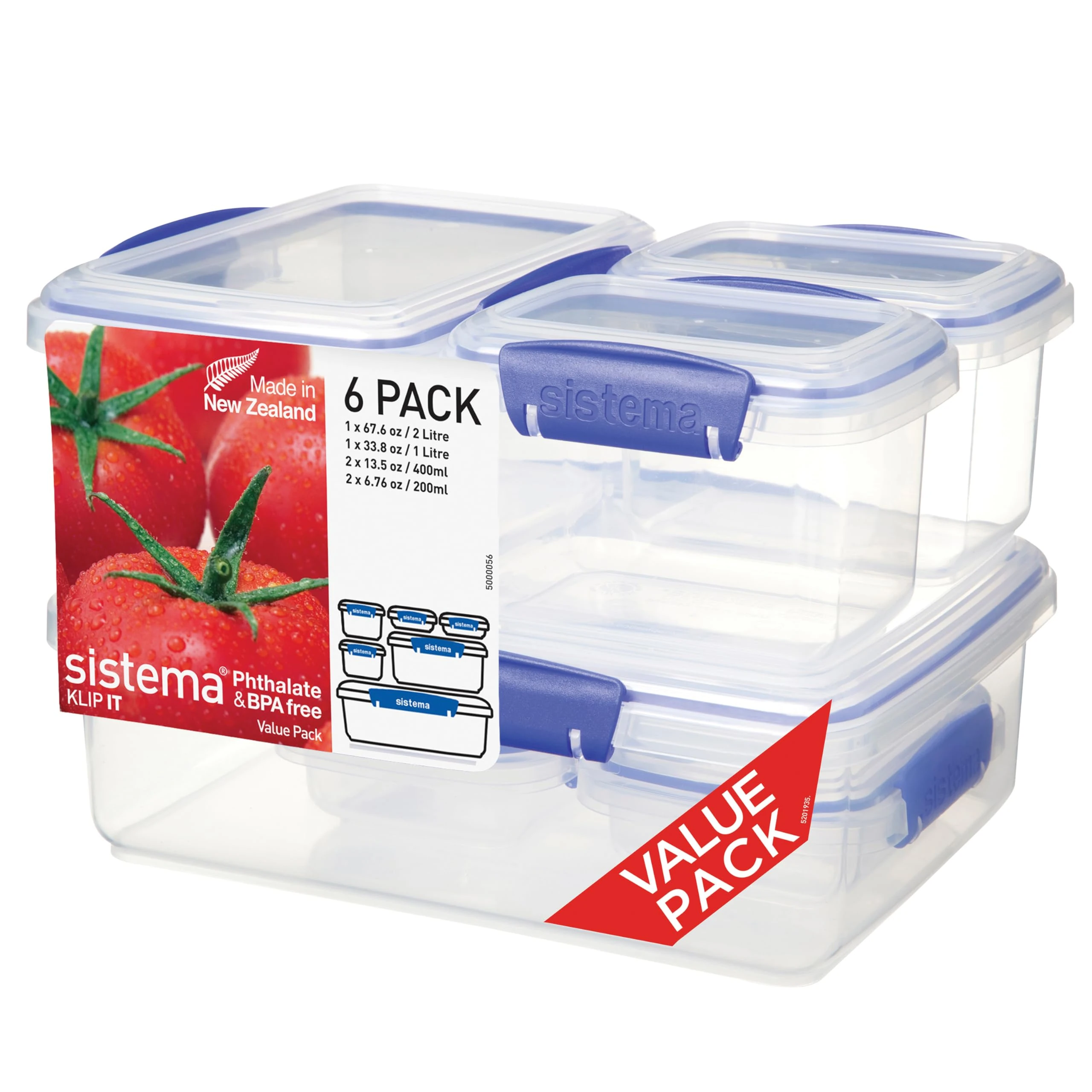 Sistema KLIP IT Food Storage Containers | 2 L1 L400 ml200 ml | Airtight & Stackable Meal Prep Containers with Lids | School Lunch Boxes & Snack Boxes | 12 Count (6 Containers with Lids)