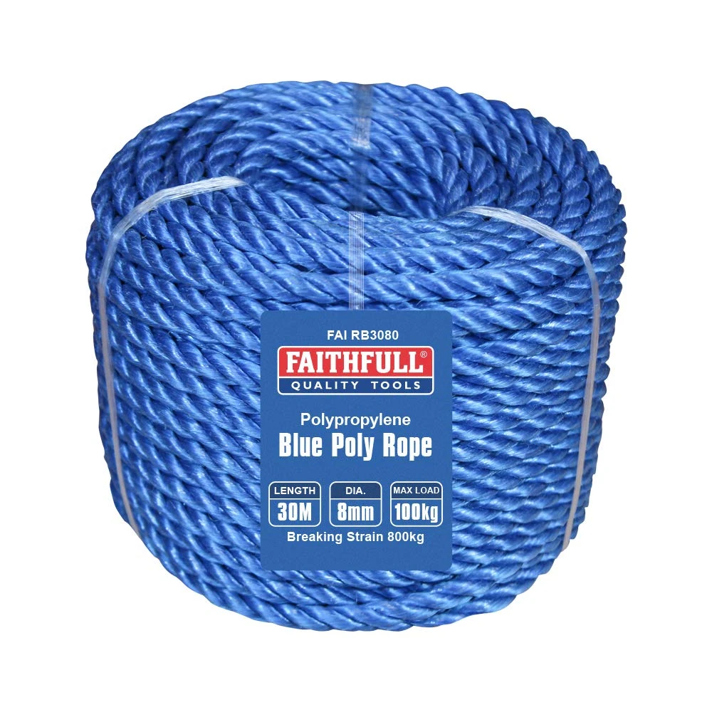 Faithfull Blue Poly Rope Coil - 8mm Dia x 30 Meters, Max Load 100kg, Breaking Strain 800kg