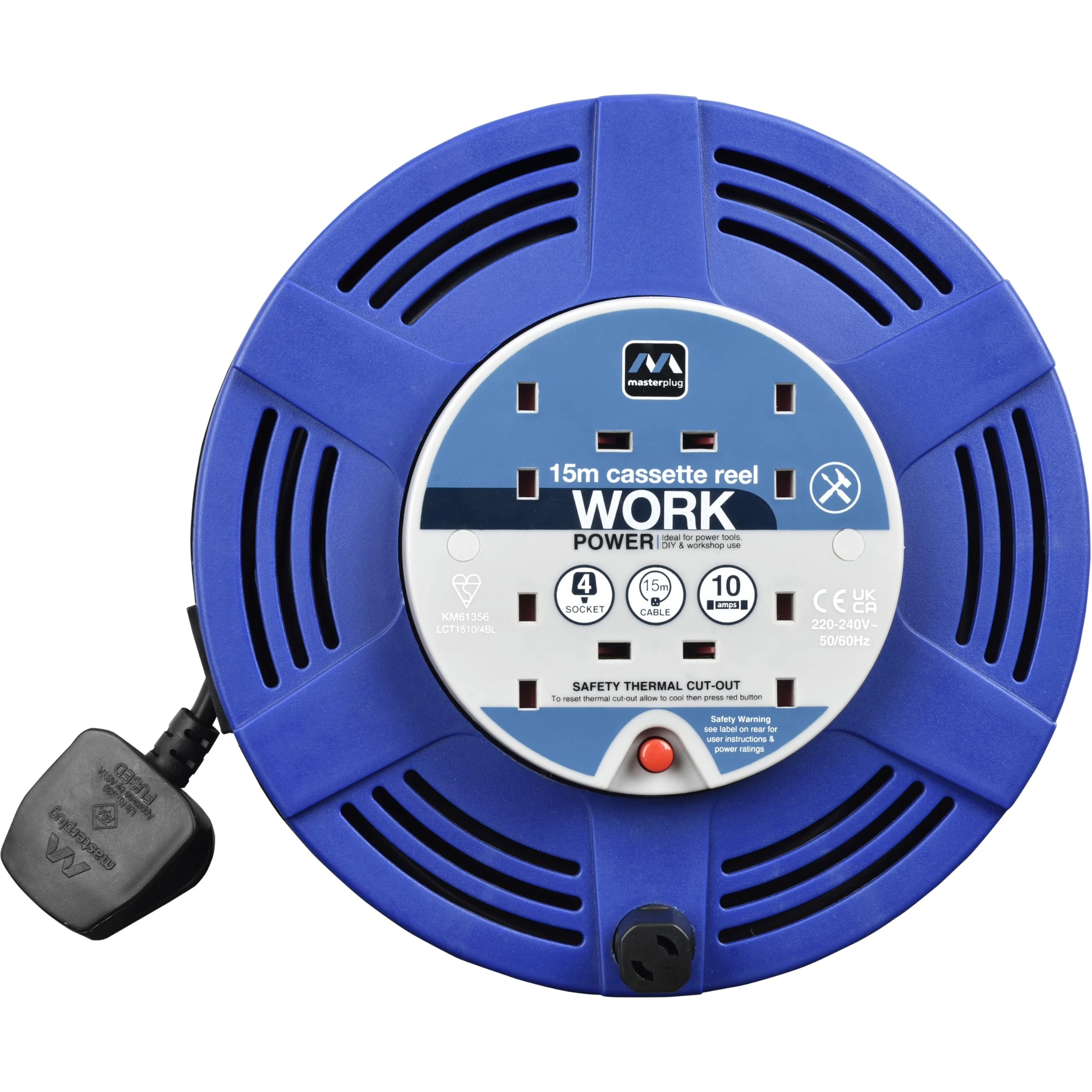 Masterplug Four Socket 15 Metre Cassette Reel, Large Extension Lead Cable Reel, Wind-Up Retractable Power Cord Reel, Thermal Cut Out, Work Power, Blue/Black, 10A, 4G, 15m, LCT1510/4BL