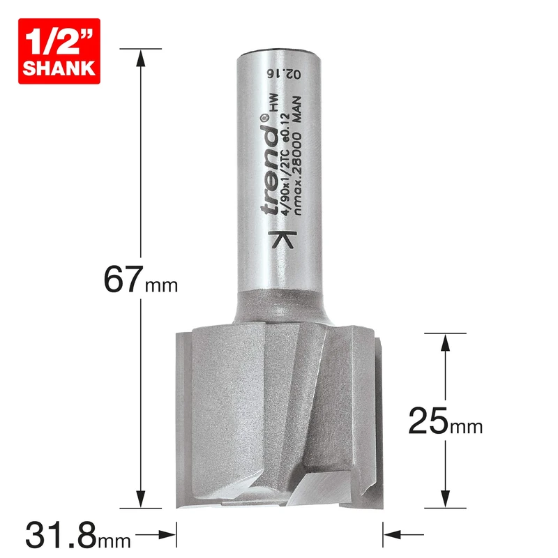 Trend Professional Two Flute Router Cutter Bit, 1/2 Inch Shank, 31.8mm Cut Diameter & 25mm Cut Length, Tungsten Carbide Tipped, 4/90X1/2TC
