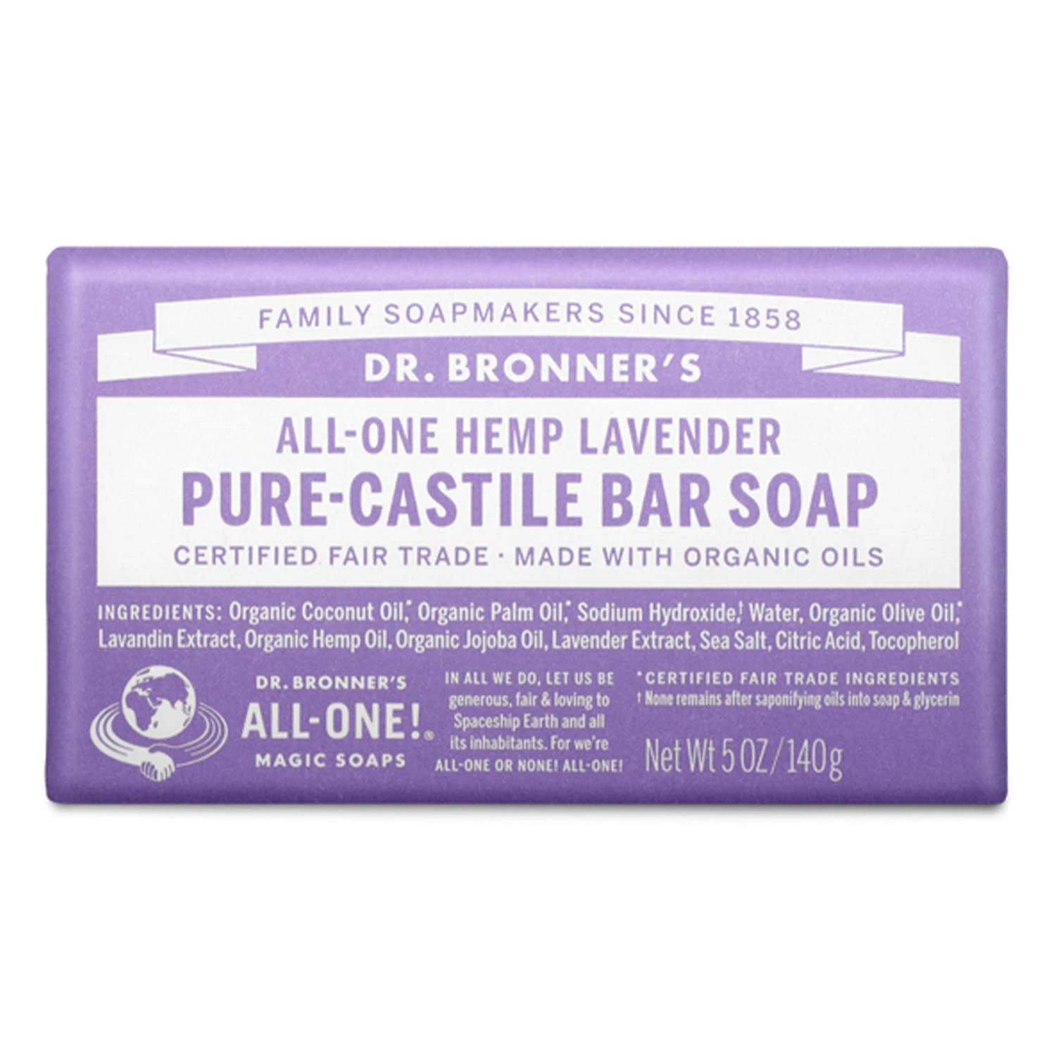 Dr Bronner's Lavender Pure-Castile Bar Soap, Made with Organic Oils With No Synthetic Fragrances Preservatives or Thickeners, For Face, Body & Hair, Fair Trade Certified & Vegan Friendly, 140g Bar