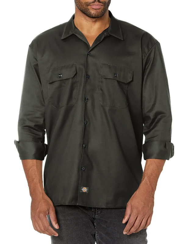 Dickies Men's Big and Tall Long Sleeve Work Shirt, Olive Green V1, S