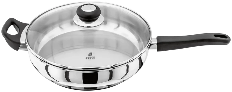 Judge Vista Stainless Steel Large Saute Pan with Helper Handle 28cm, Shatterproof Vented Glass Lid, Induction Ready, Oven Safe